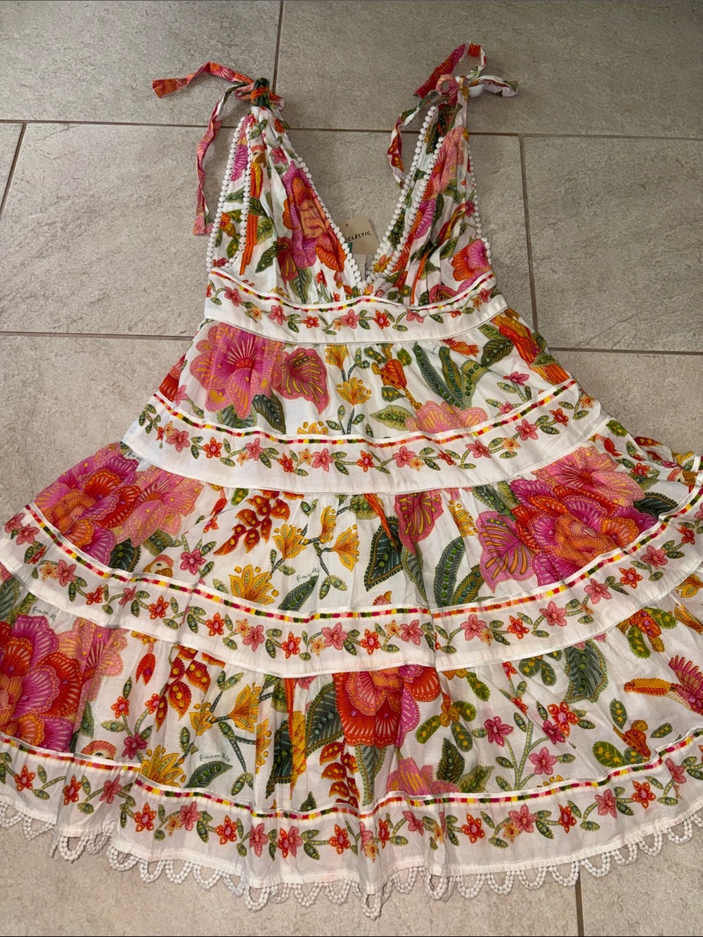 Floral Tie-Shoulder V-Neck Mini Dress in Cream and Pink - Picture 4 of 4